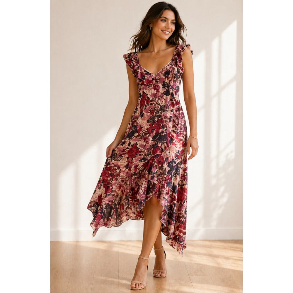 Steve Madden Stevie Floral Midi Dress Burgundy Ruffle NWT M